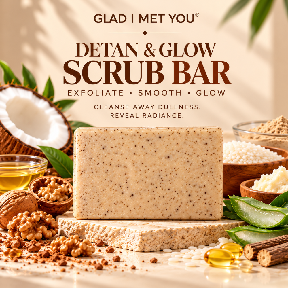 Rice Water Detan Scrub Soap | Walnut Exfoliating Body Bar with Shea Butter, Coconut Oil, Mulethi, Aloe Vera & Vitamin E | Tan Removal, Brightening Glow, SLS Free | Men & Women | 75 gm