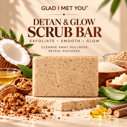 Rice Water Detan Scrub Soap | Walnut Exfoliating Body Bar with Shea Butter, Coconut Oil, Mulethi, Aloe Vera & Vitamin E | Tan Removal, Brightening Glow, SLS Free | Men & Women | 75 gm