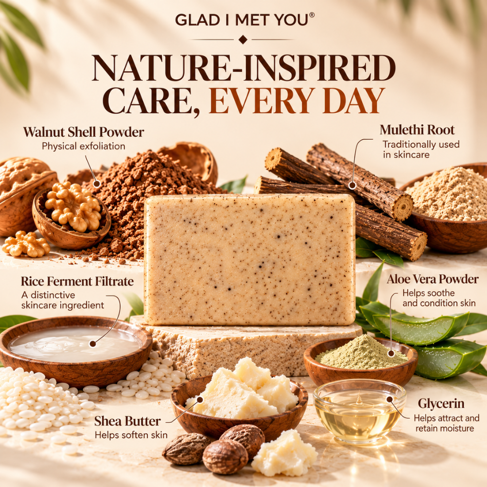 Rice Water Detan Scrub Soap | Walnut Exfoliating Body Bar with Shea Butter, Coconut Oil, Mulethi, Aloe Vera & Vitamin E | Tan Removal, Brightening Glow, SLS Free | Men & Women | 75 gm