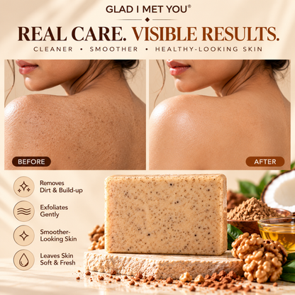 Rice Water Detan Scrub Soap | Walnut Exfoliating Body Bar with Shea Butter, Coconut Oil, Mulethi, Aloe Vera & Vitamin E | Tan Removal, Brightening Glow, SLS Free | Men & Women | 75 gm