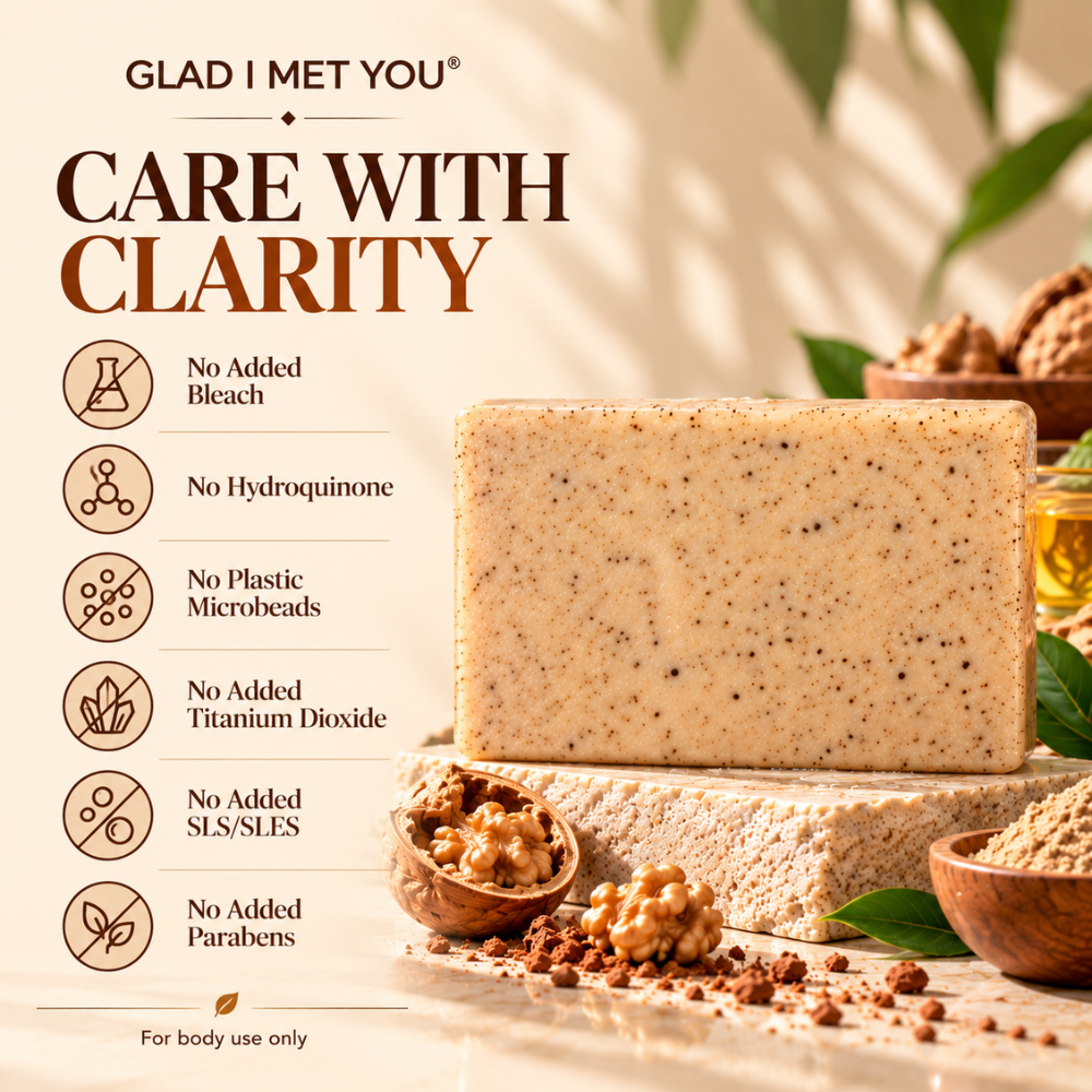 Rice Water Detan Scrub Soap | Walnut Exfoliating Body Bar with Shea Butter, Coconut Oil, Mulethi, Aloe Vera & Vitamin E | Tan Removal, Brightening Glow, SLS Free | Men & Women | 75 gm
